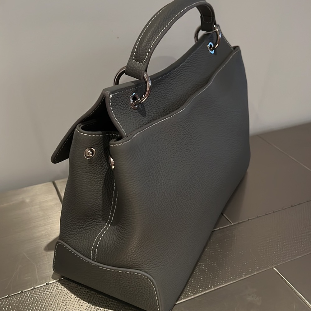 Taupe Grey Real Leather Handbag Tote 12”x8.5”x5” with Handle and Shoulder Strap - Picture 8 of 10